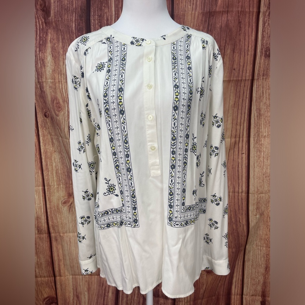 Loft yellow white floral boho long sleeve flowy relaxed comfy blouse women’s M